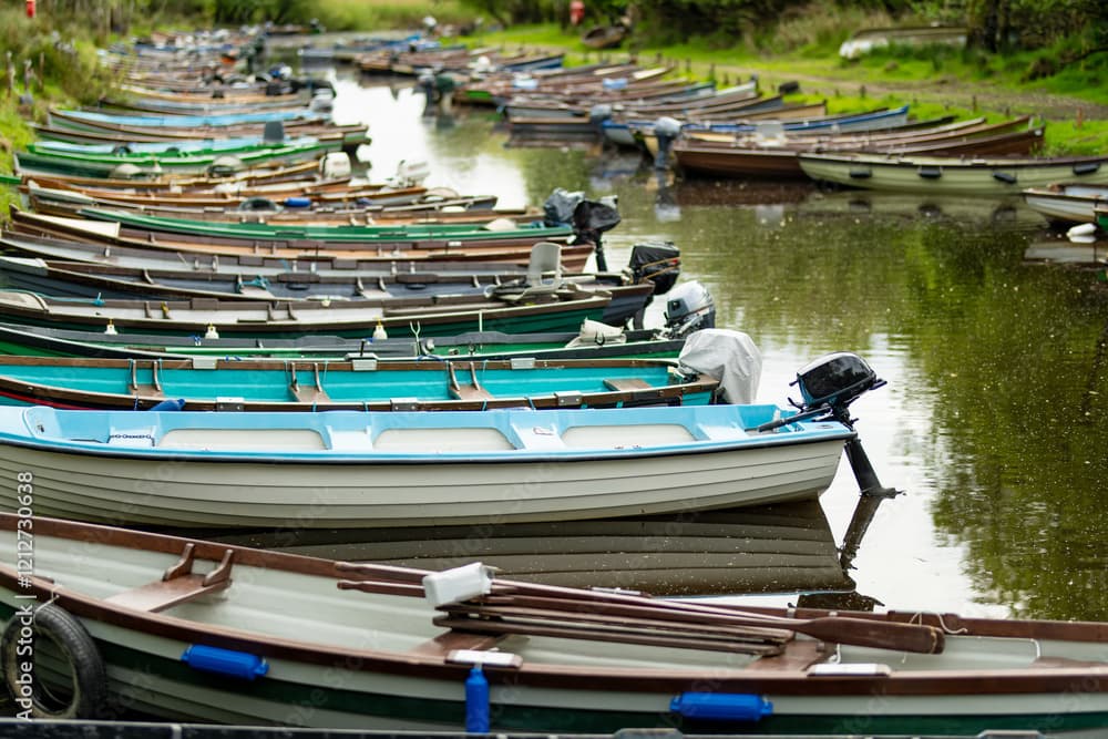 Traditional Irish fishing boats moored on a lough