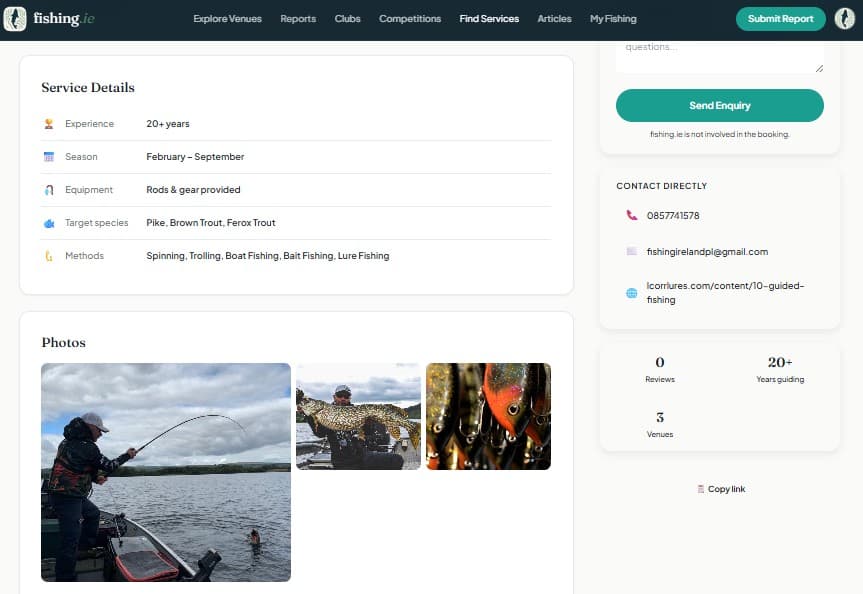 A service provider profile on fishing.ie showing photo gallery, contact details, and stats
